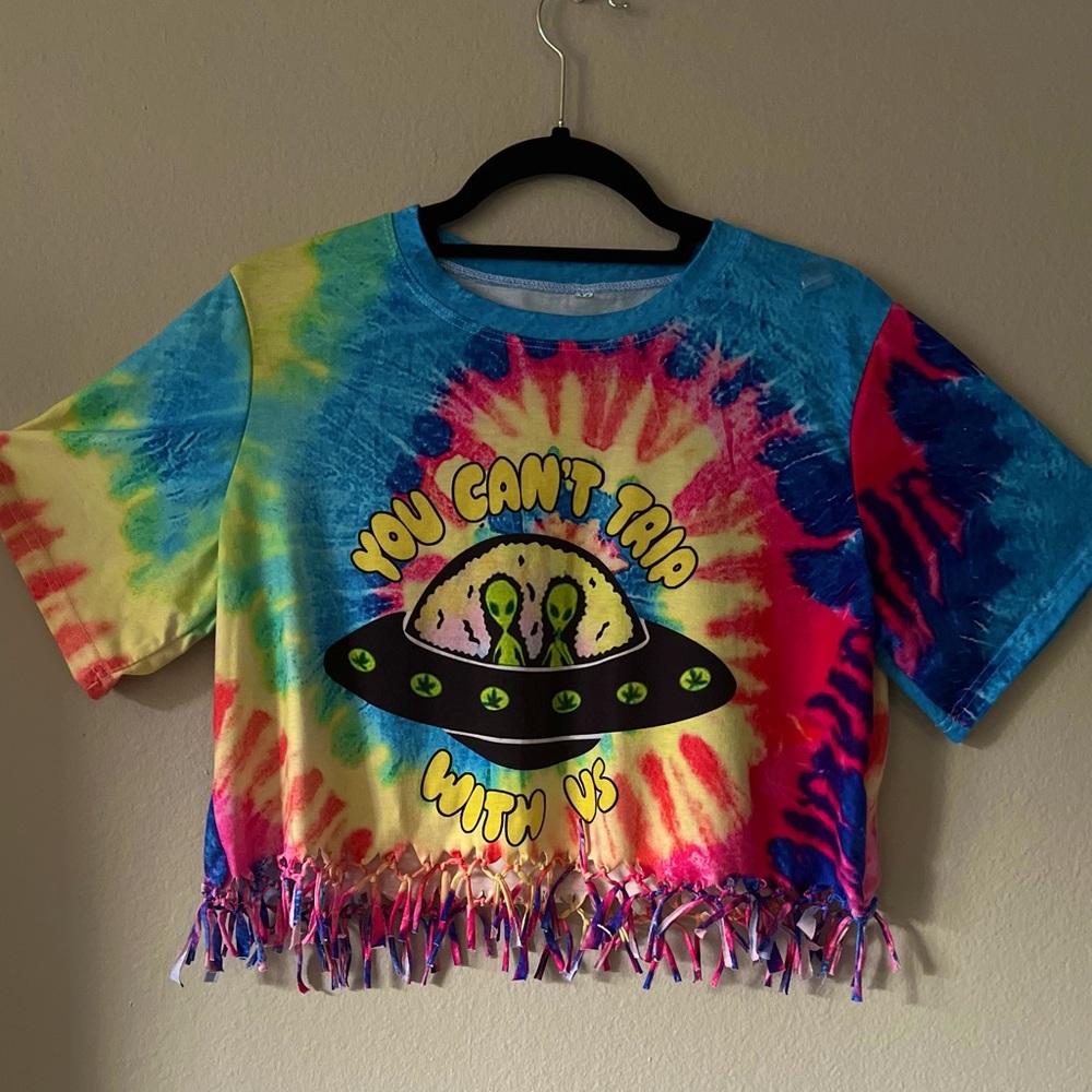TIE DYE RAINBOW YOU CANT TRIP WITH US CROP TOP